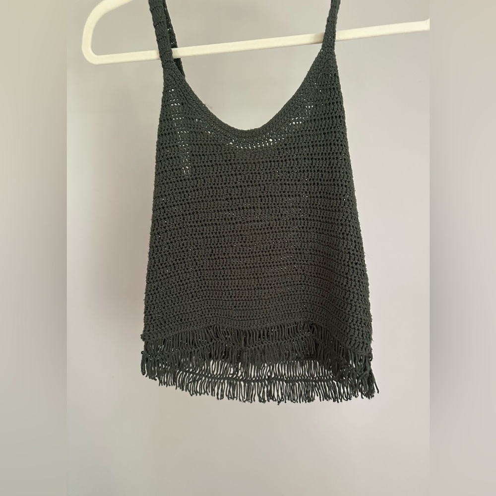 Crochet Fringe Tank Top - Dark Green